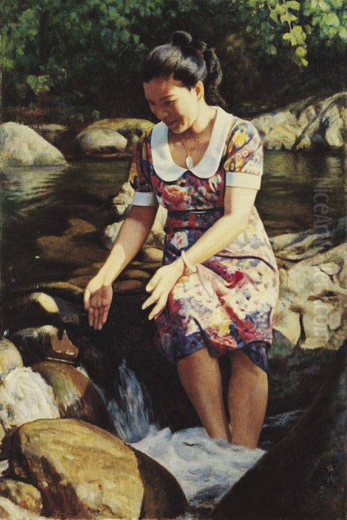 Small Stream Oil Painting by Li Mei-shu