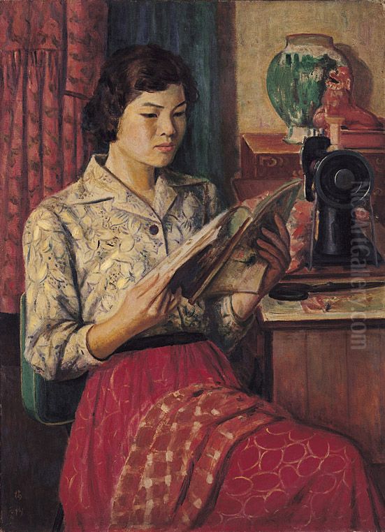 A Sewing Break Oil Painting by Li Mei-shu