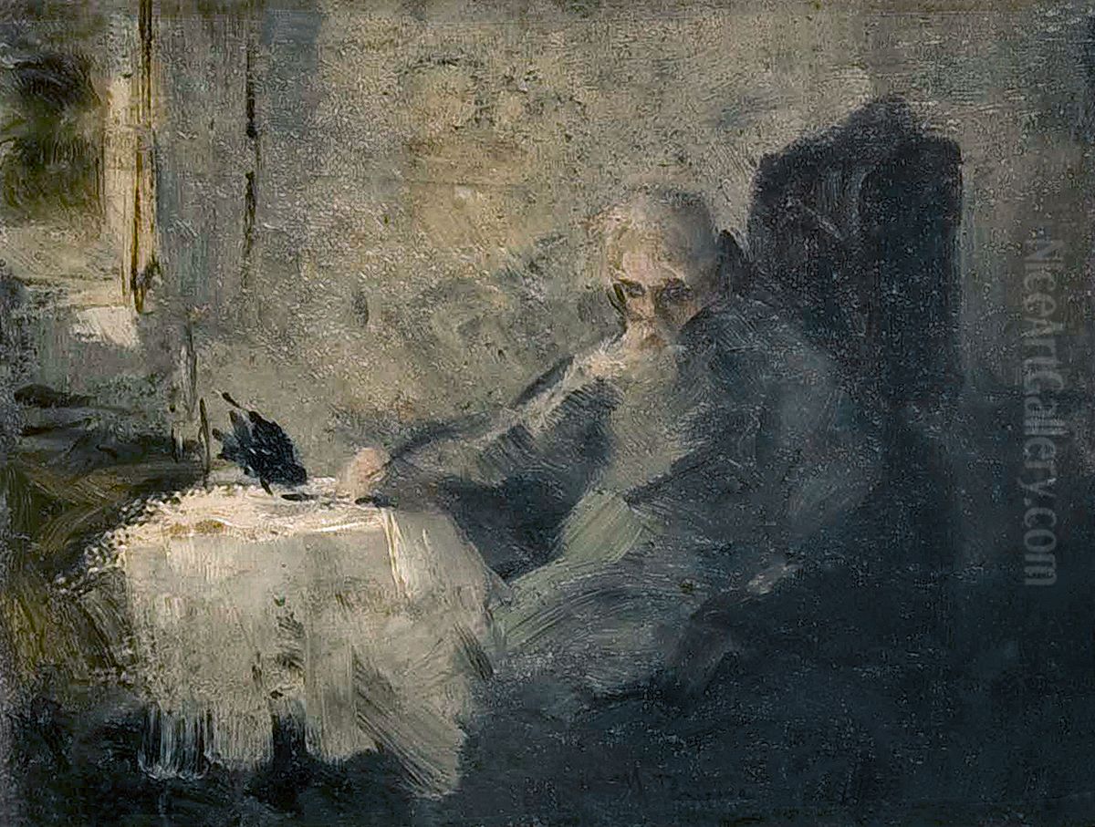 Alter Mann und Rabe Oil Painting by Repin Iliya