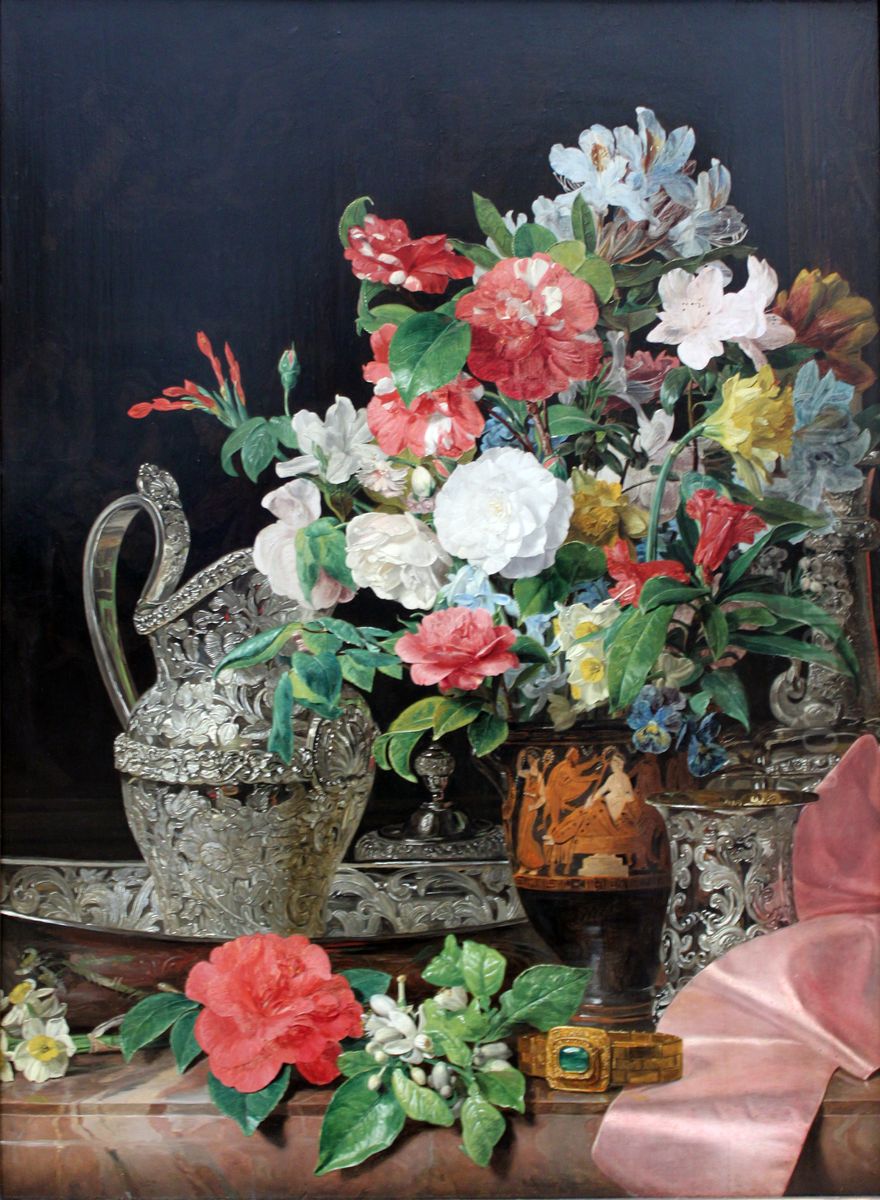 Blumenstrauss mit Silbergefassen und antiker Vase Oil Painting by Ferdinand Georg Waldmuller