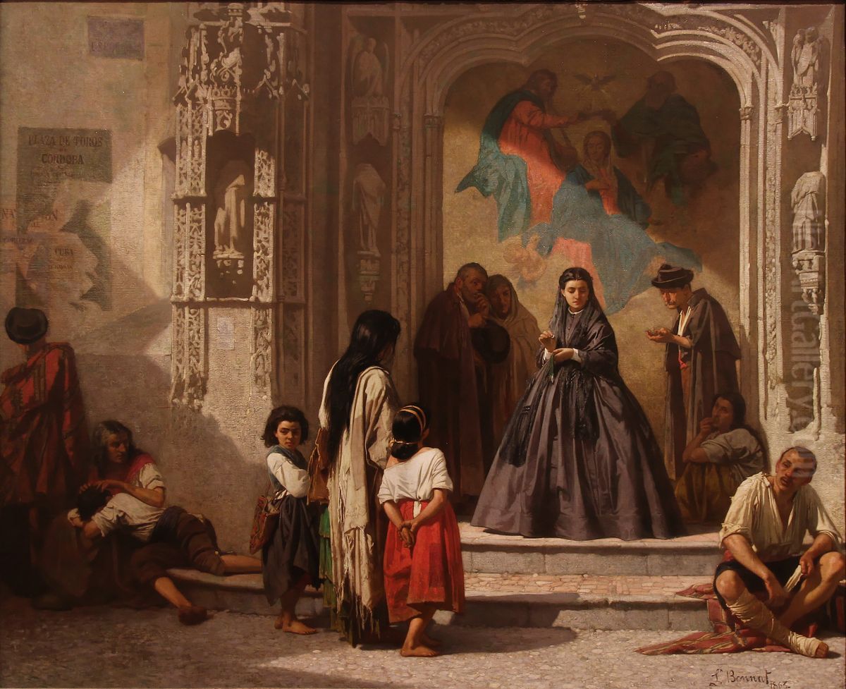 Young woman doing charity at the entrance to the chapel of San Sebastian Hospital in Cordoba Oil Painting by Leon Bonnat