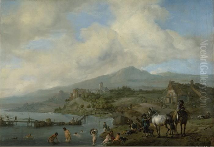 Riverscene with bathers / Riverside with bathers Oil Painting by Philips Wouwerman