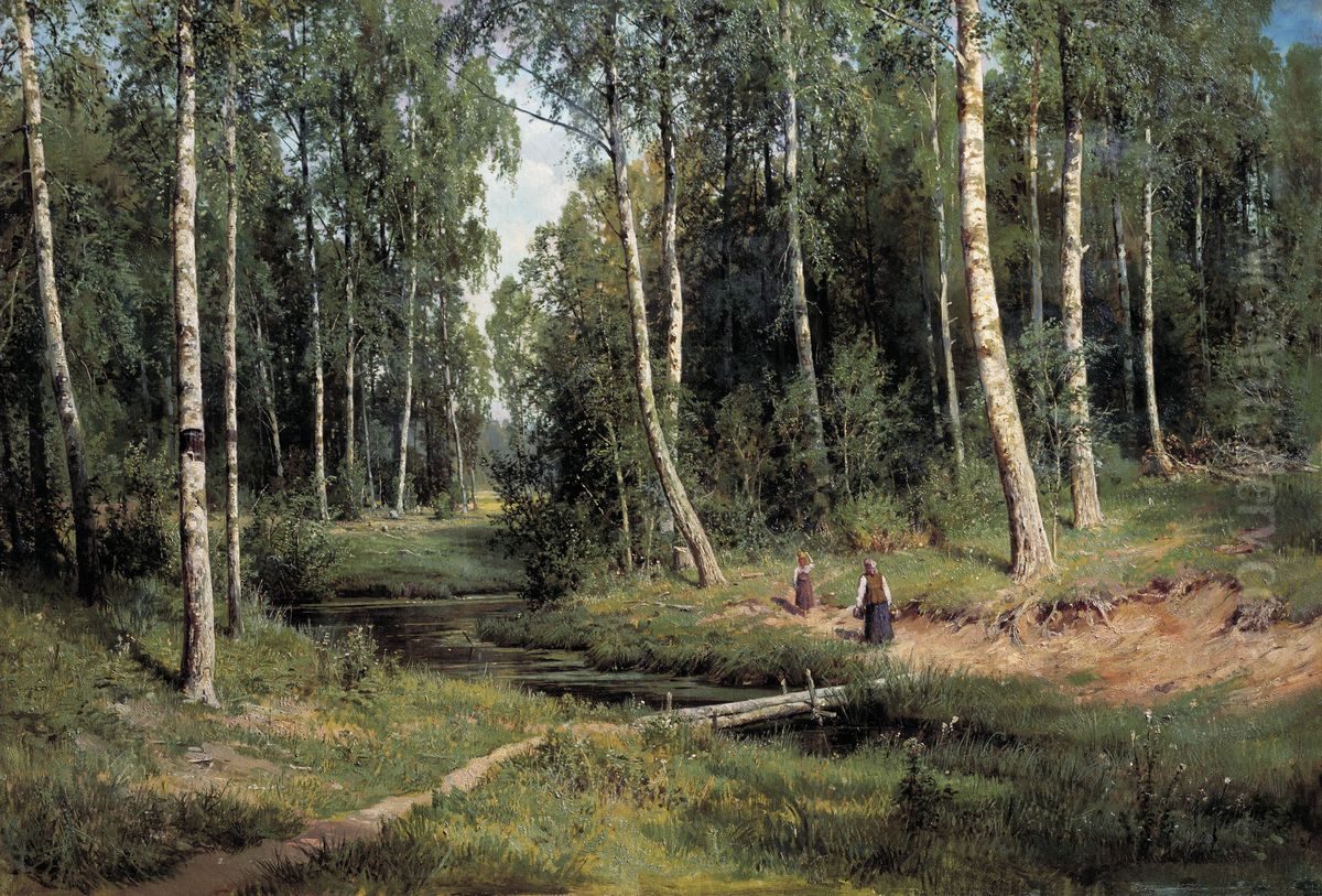 Brook in a Birch Forest Oil Painting by Ivan Shishkin