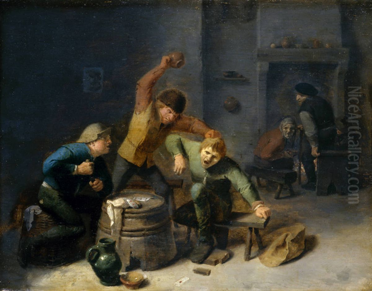 Bauernrauferei beim Kartenspiel Oil Painting by Adriaen Brouwer