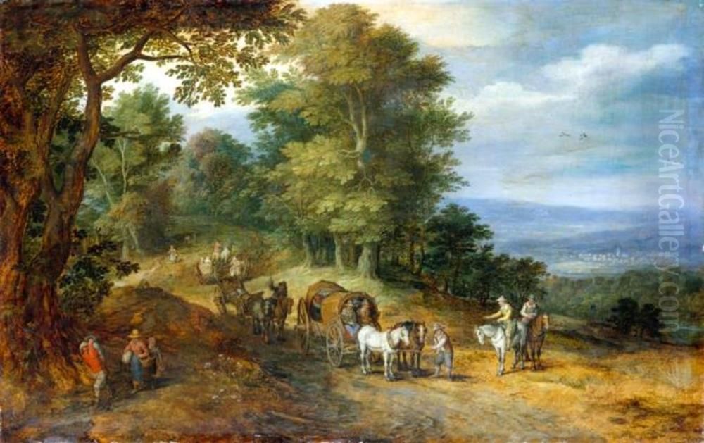 Belebter Fahrweg auf waldiger Hohe Oil Painting by Jan Brughel