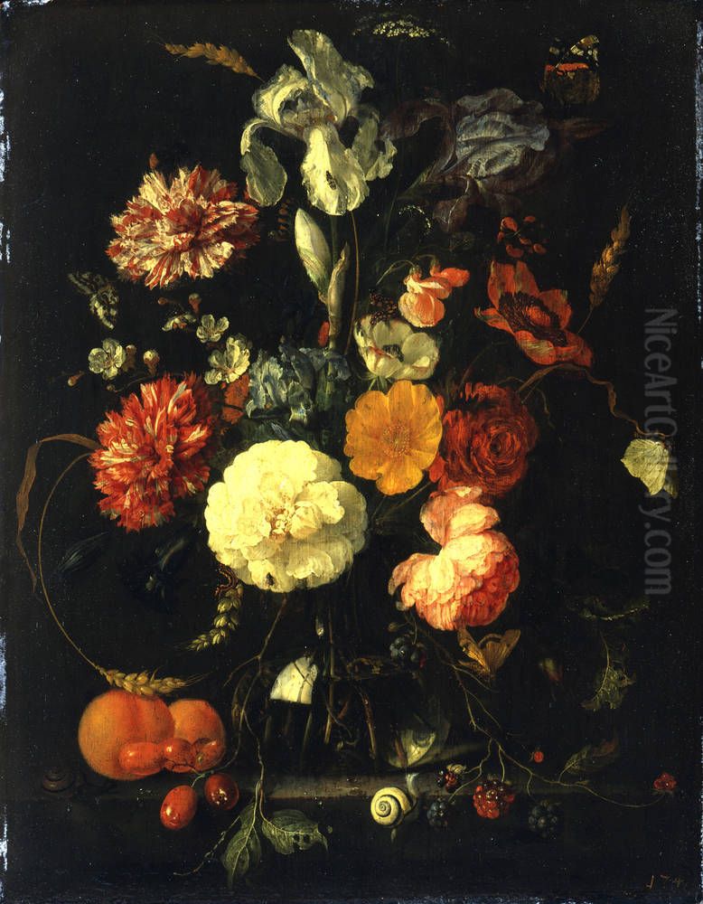 Bouquet with Blue Iris in a Glass Vase Oil Painting by Jan Davidsz. De Heem