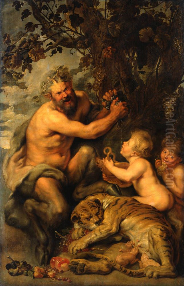 A Satyr pressing Grapes with a Tiger and Two Children Oil Painting by (studio of) Rubens, Peter Paul