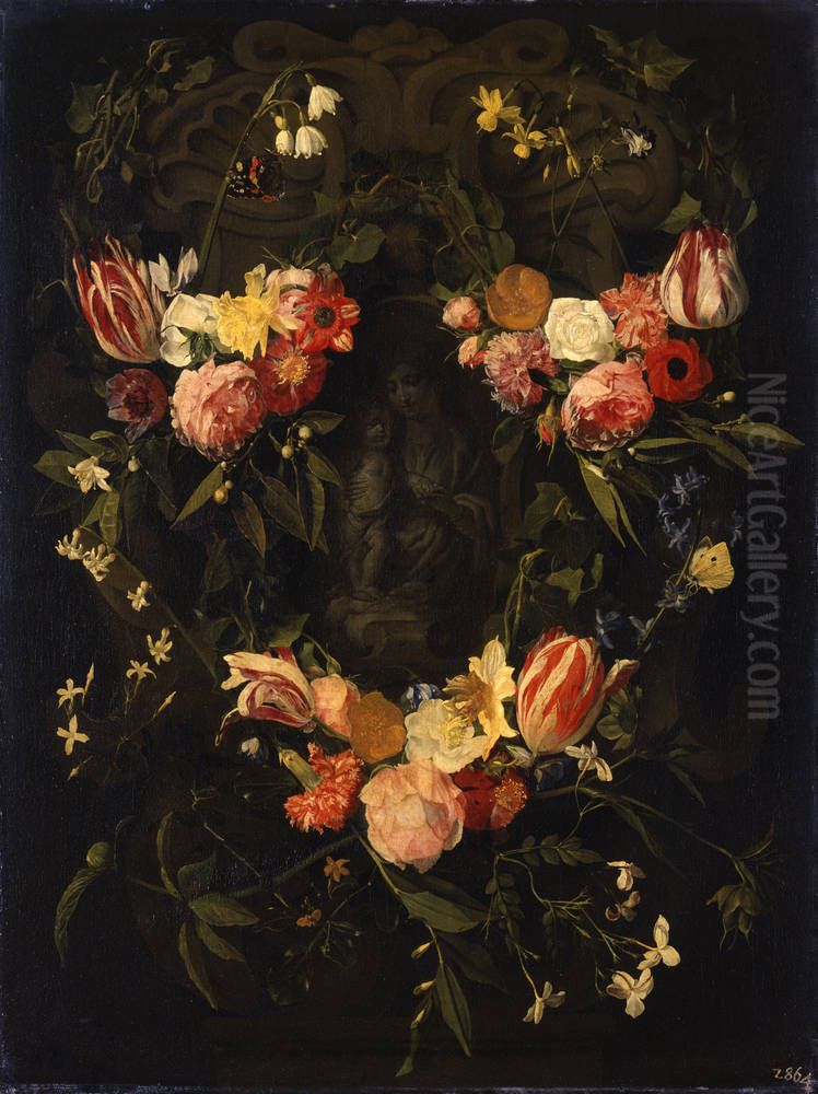 Sculpted cartouche adorned with flowers with a representation of the Virgin and Christ Child Oil Painting by Daniel Seghers
