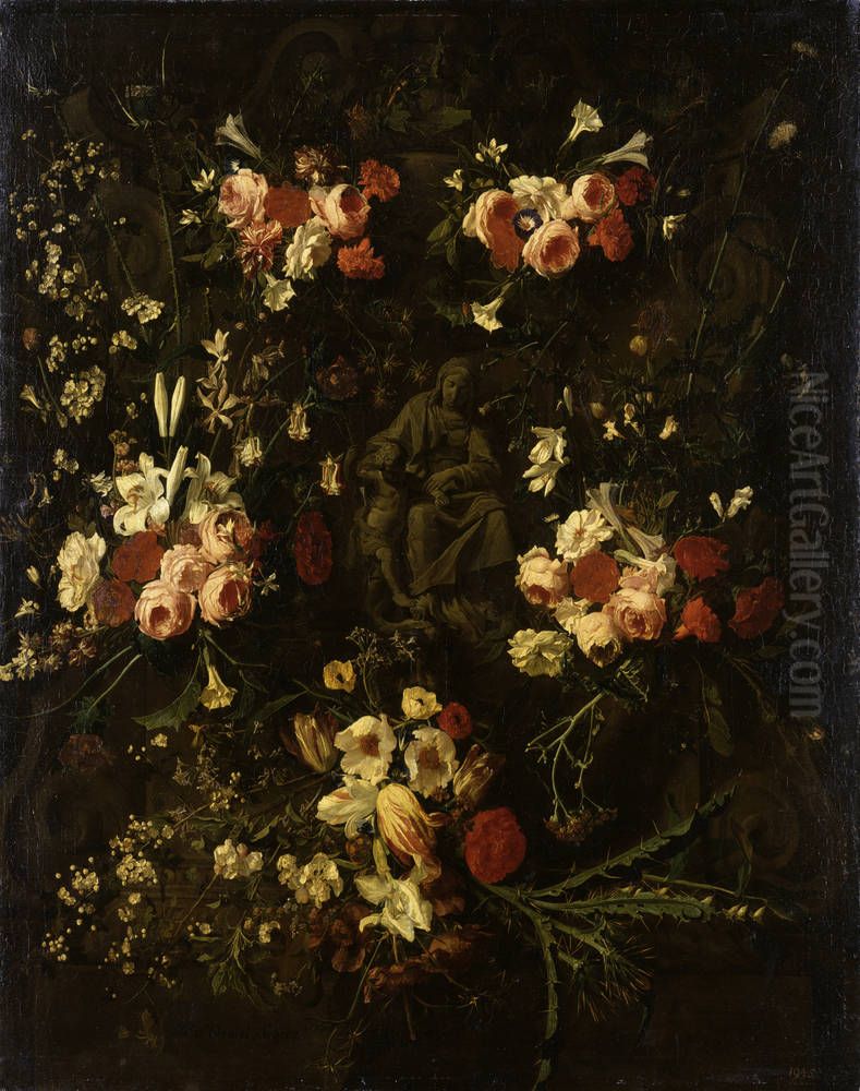 Blumenumwundenes Steinrelief der Maria mit dem Kind Oil Painting by Daniel Seghers