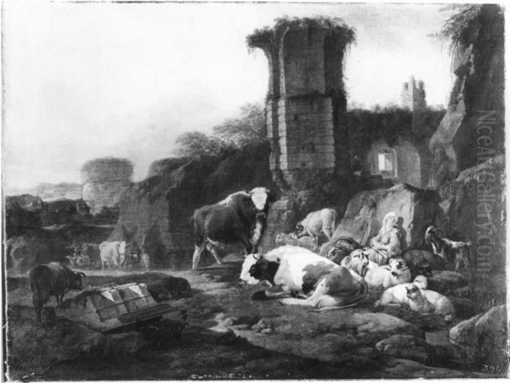 Shepherds and Cattle at he foot of Ruins Oil Painting by Johann Heinrich Roos