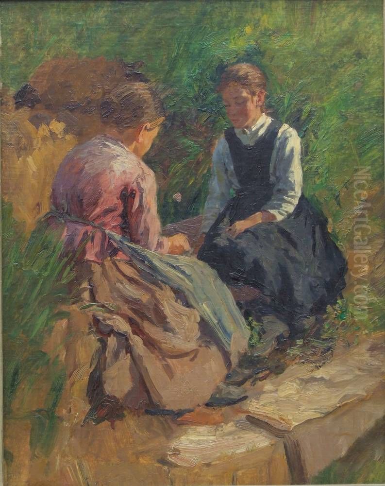 Zwei sitzende Madchen im Grunen Oil Painting by Friedrich Kallmorgen