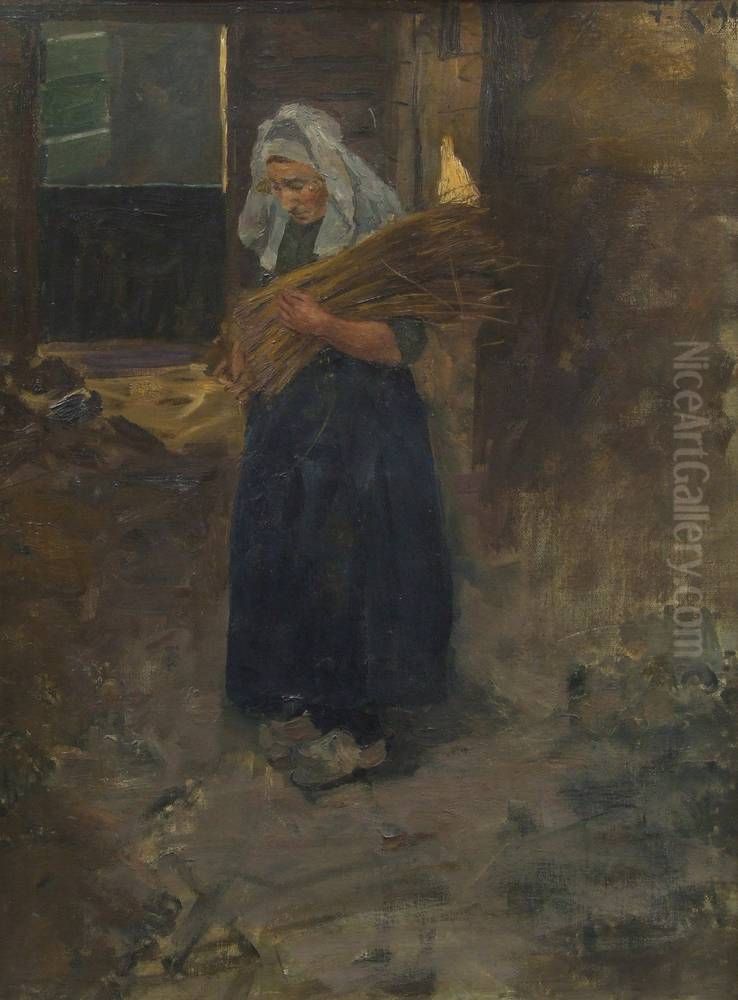 Alte Frau mit Flachsbundel Oil Painting by Friedrich Kallmorgen