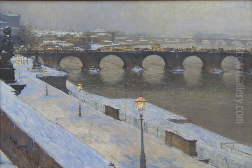 Die Augustusbrucke zu Dresden im Schnee Oil Painting by Gotthardt Kuehl