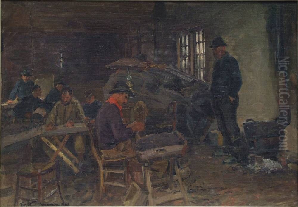 Fischer in einer Hutte beim Krabbenpuhlen Oil Painting by Friedrich Kallmorgen