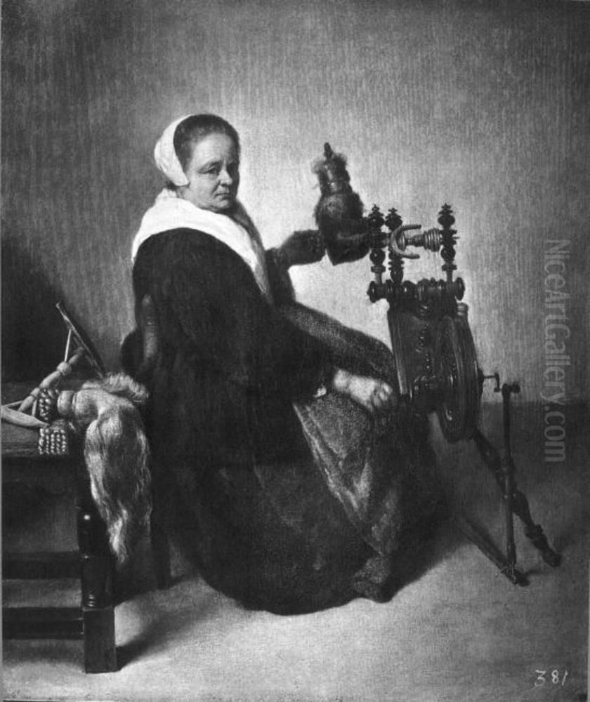 Old woman at the spinning wheel Oil Painting by Caspar Netscher