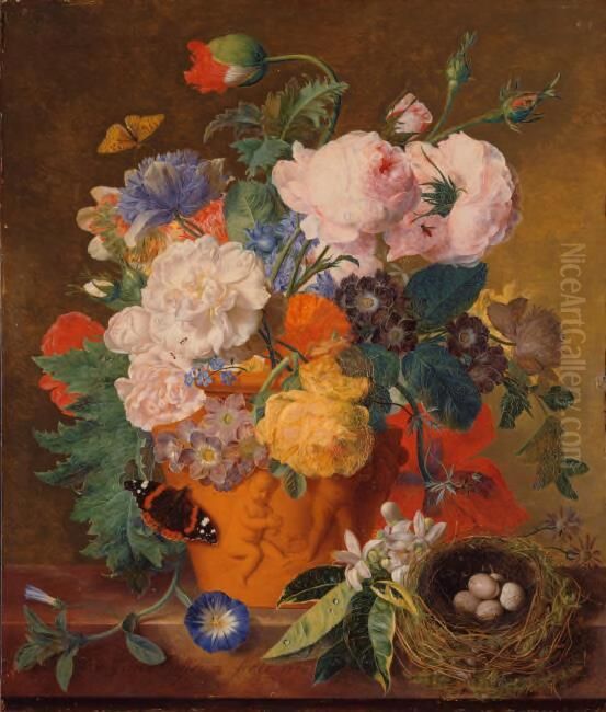 Roses and other flowers in a terracotta pot Oil Painting by Jan Van Huysum