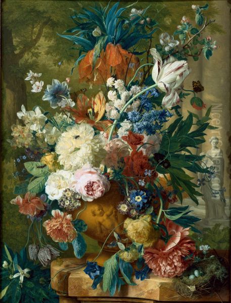 Flowers in a Vase with Crown Imperial and Apple Blossom at the Top and a Statue of Flora 1731-2 Oil Painting by Jan Van Huysum
