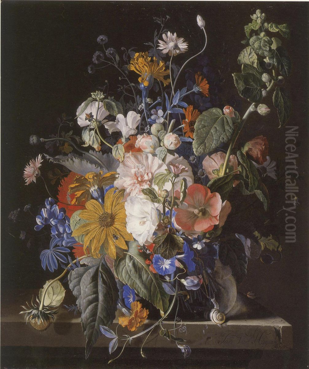 Flower still-life and snails on a stone ledge Oil Painting by Jan Van Huysum