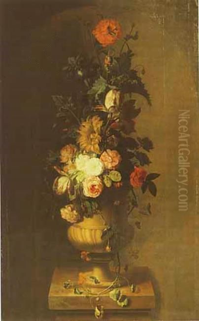 Flowerpiece in a Garden Vase on a Pedestal Oil Painting by Jan Van Huysum