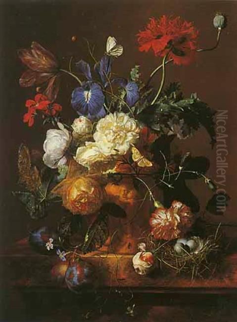 Bloemstilleven in een bloempot op een marmeren blad Oil Painting by Jan Van Huysum
