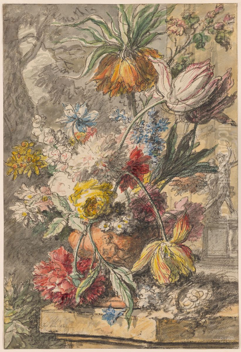 Flowers in an Urn and Bird's Nest on a Stone Plinth, with a Statue of 