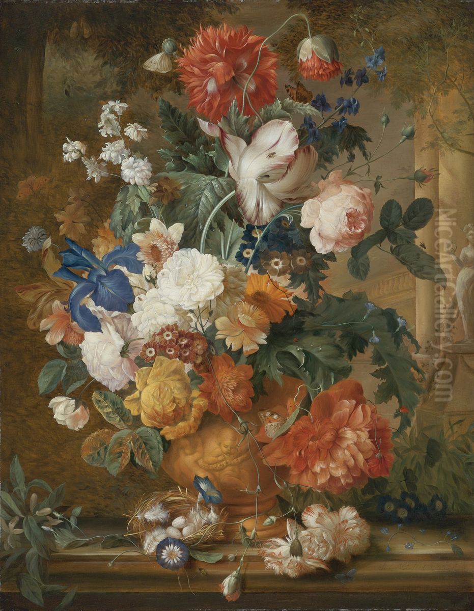 Peonies, Roses, Carnations, An Iris, Anemones, Auricula and other Flowers in a Terracotta Vase, with Orange Blossoms, Morning Glory and a Bird's Nest on a Marble Ledge, a Colonnade Beyond Oil Painting by Melanie de Comolera