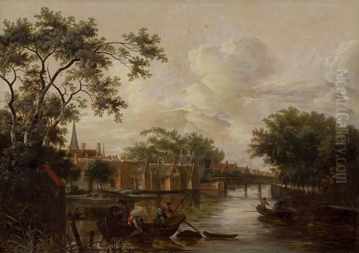 Town with River Oil Painting by Meindert Hobbema