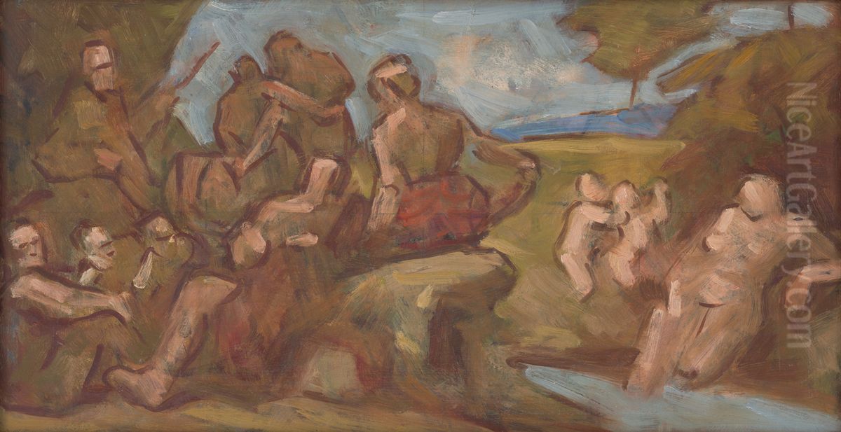 Sketch of Composition with Bathing People Oil Painting by Milan Thomka Mitrovsky