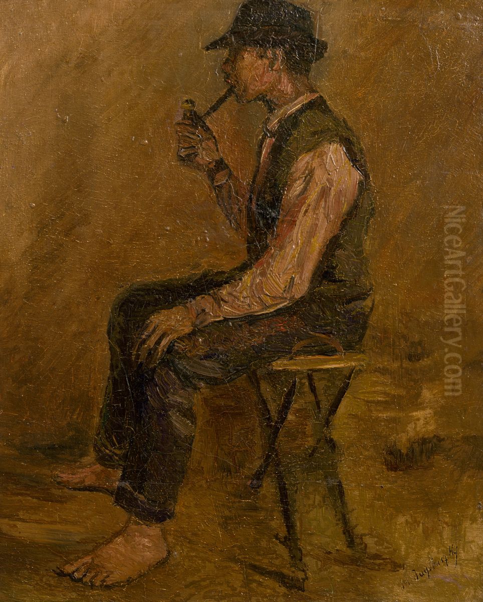Study of a Seated Man with a Pipe Oil Painting by Laszlo Mednyanszky