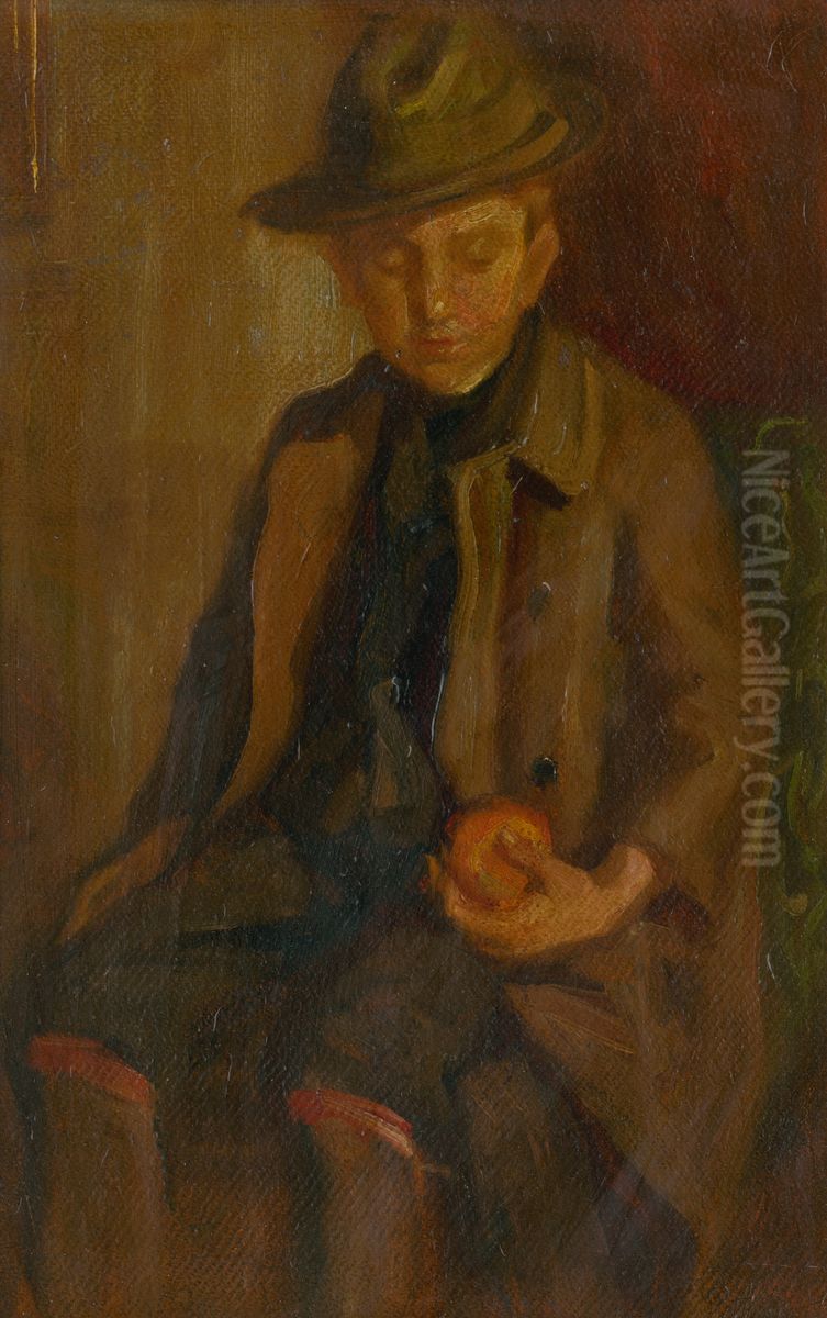 Chlapec s jablkom Oil Painting by Ludovit Pitthordt