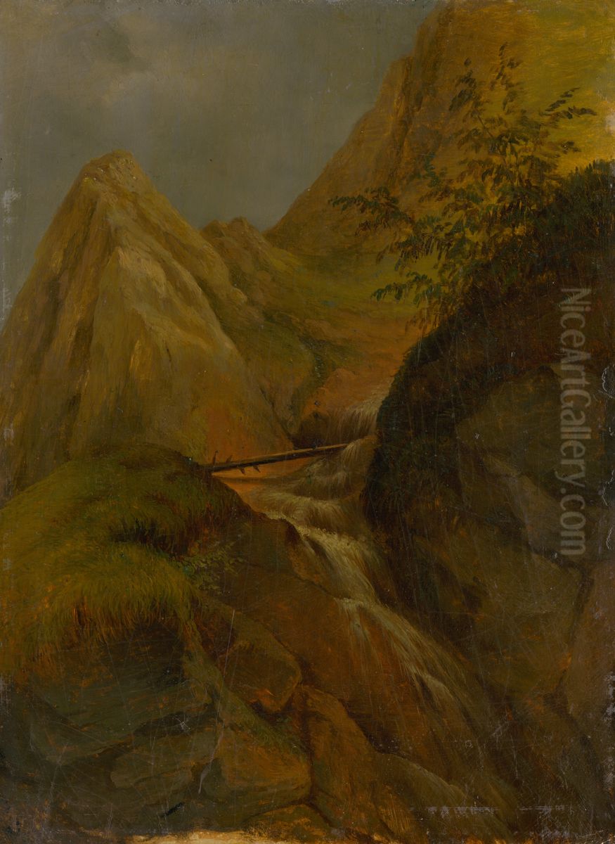 Mountain Landscape with a Waterfall Oil Painting by Jozef Bozetech Klemens
