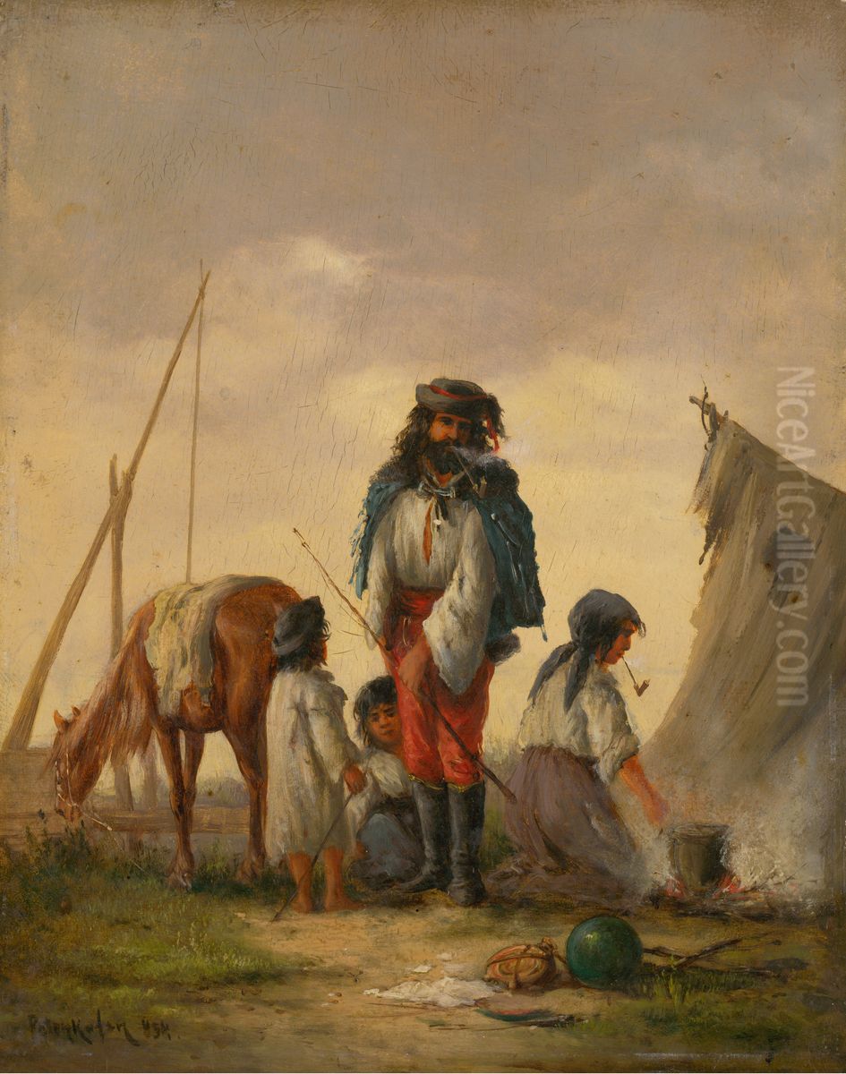 Gypsy family Oil Painting by August von Pettenkofen