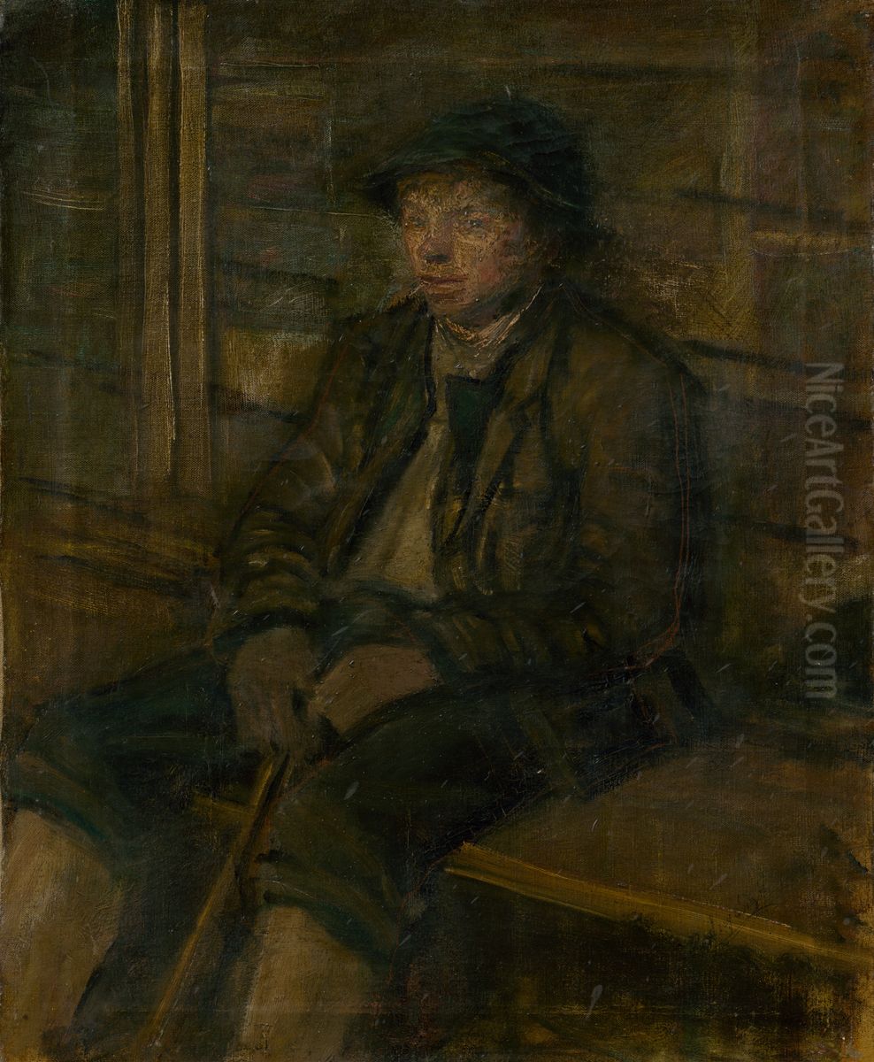 Young Shepherd Sitting Oil Painting by Laszlo Mednyanszky
