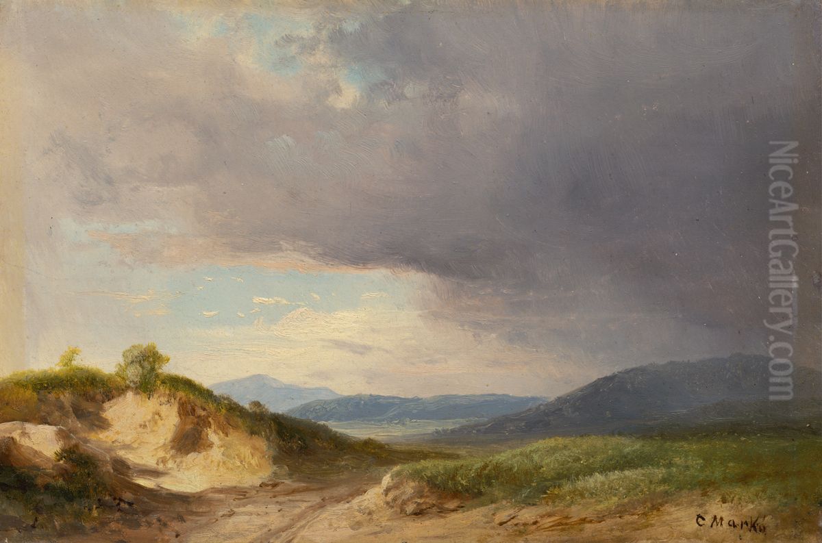 Hilly Landscape with Cloudy Skies Oil Painting by Karoly Marko