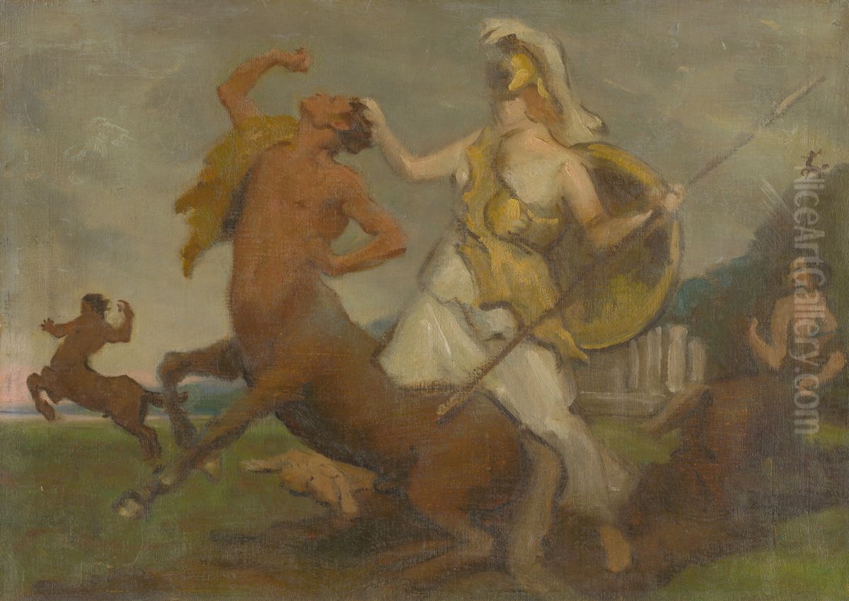 Pallas Athena Fighting Centaurs Oil Painting by Milan Thomka Mitrovsky