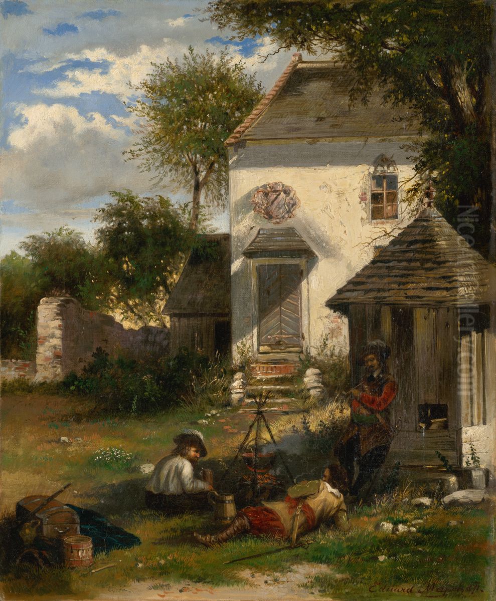 Soldiers Camping in a Nobleman's Yard, Motif from the Thirty Years' War Oil Painting by Eduard Majsch