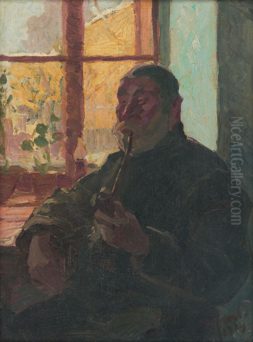 Starcek s fajkou pri okne Oil Painting by Jozsef Rippl-Ronai