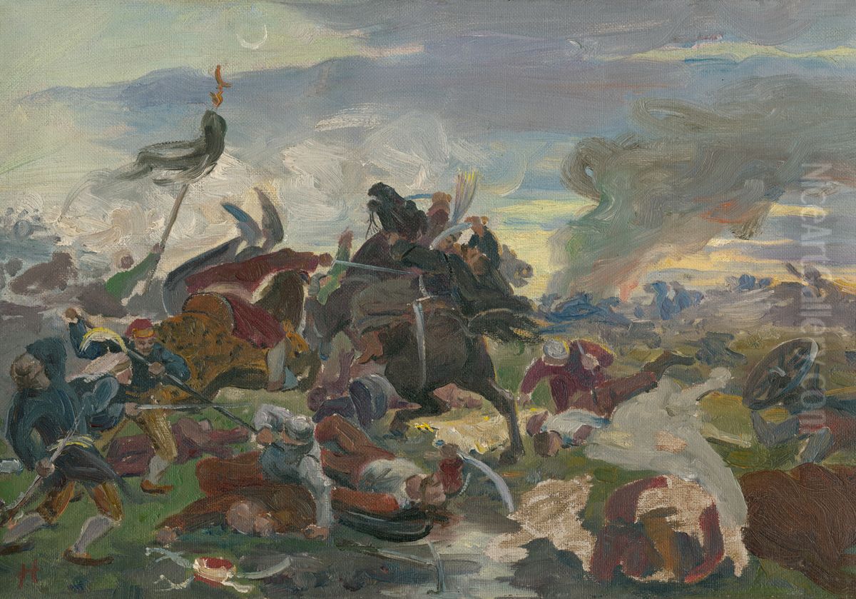 The Death of Tomory in the Battle of Mohacs Oil Painting by Jozef Hanula