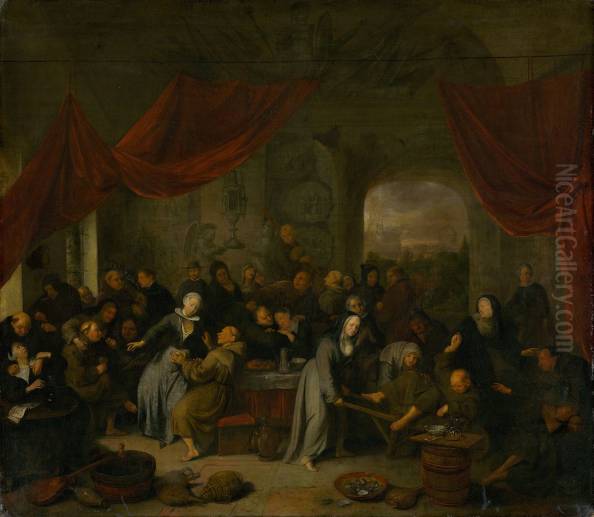 Monk's Entertainment in a Roman Cloister Oil Painting by Richard Brakenburgh