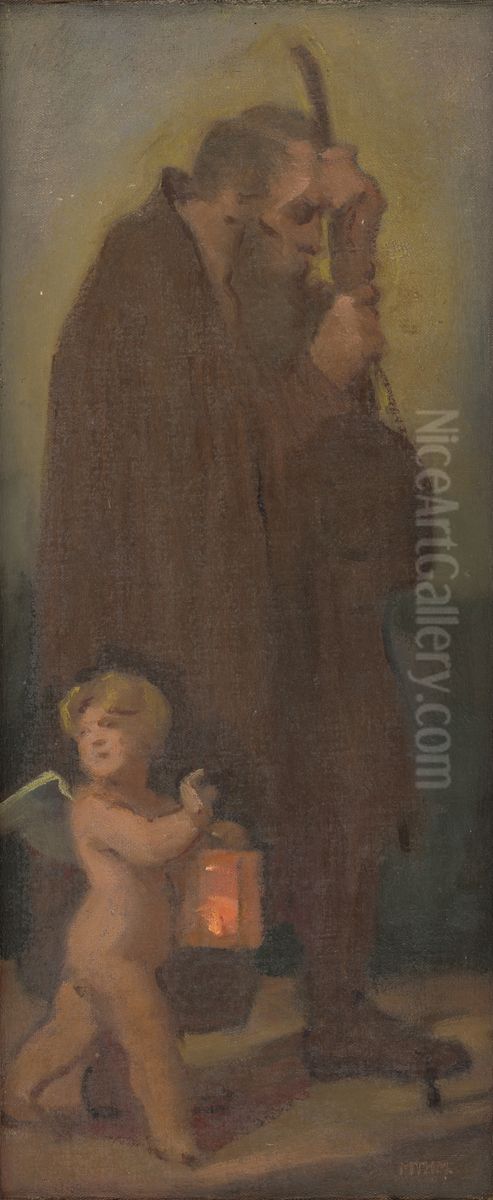 Studia putnikov s anjelikom straznym - Ahasver Oil Painting by Milan Thomka Mitrovsky