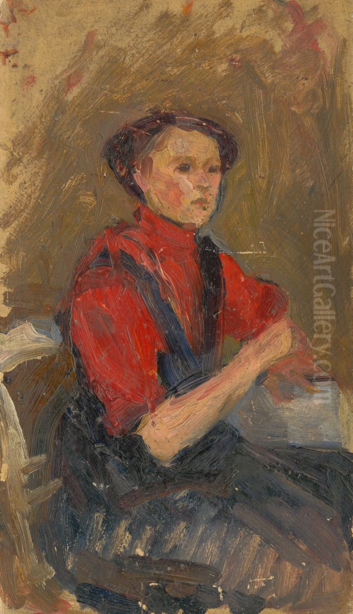 Portrait of a Young Woman in a Red Sweater Oil Painting by Ludovit Pitthordt