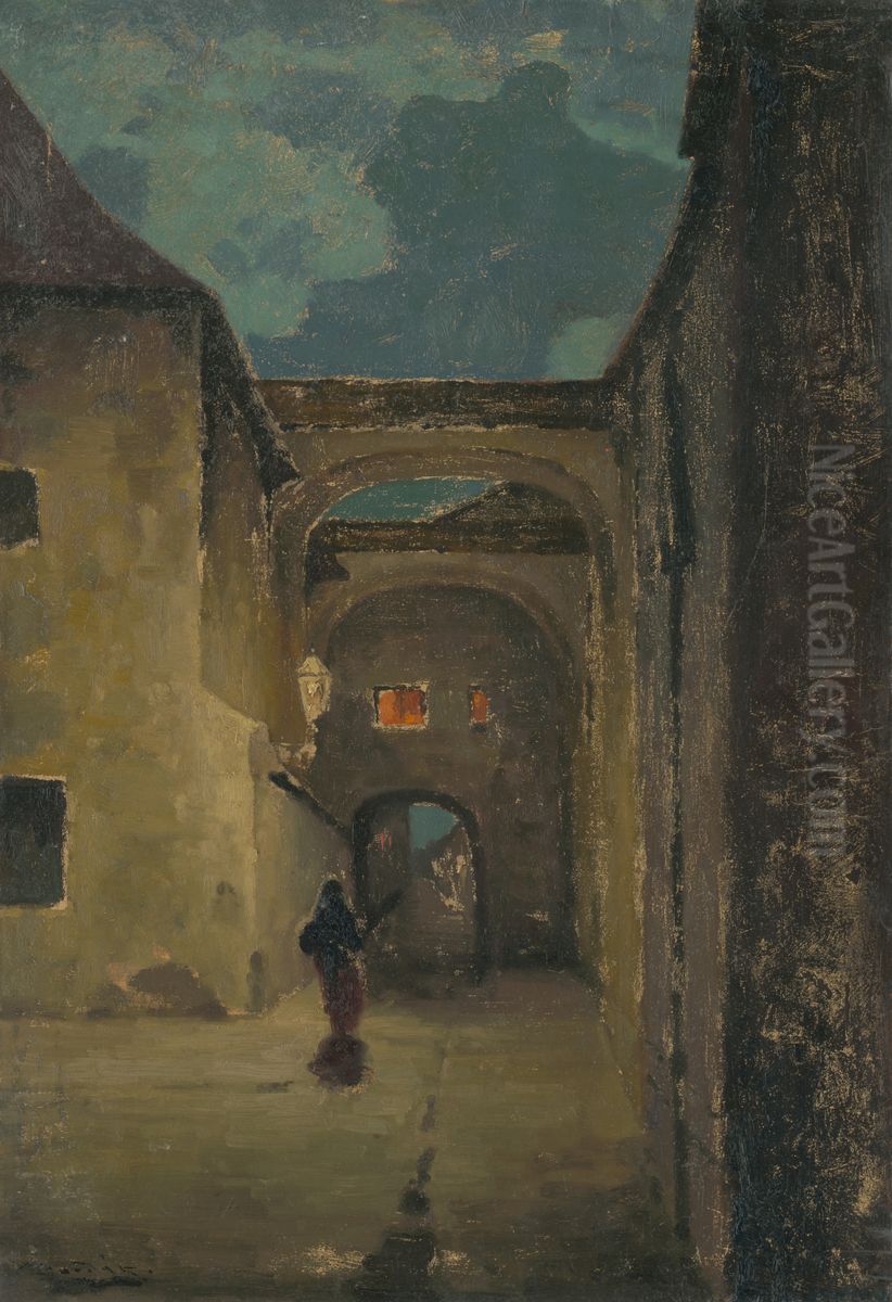 Alley in the Evening Oil Painting by Lajos Csordak