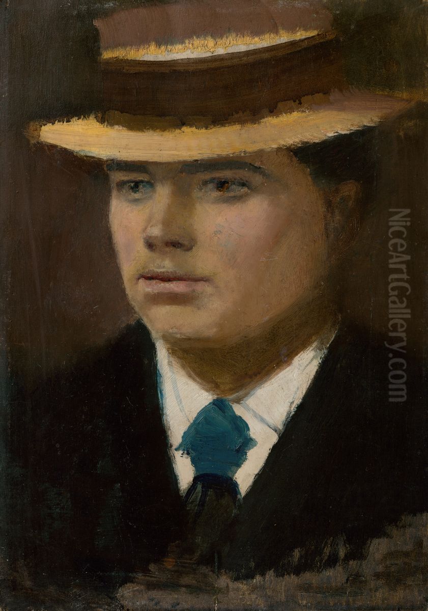 Young Man in a Straw Hat Oil Painting by Laszlo Mednyanszky