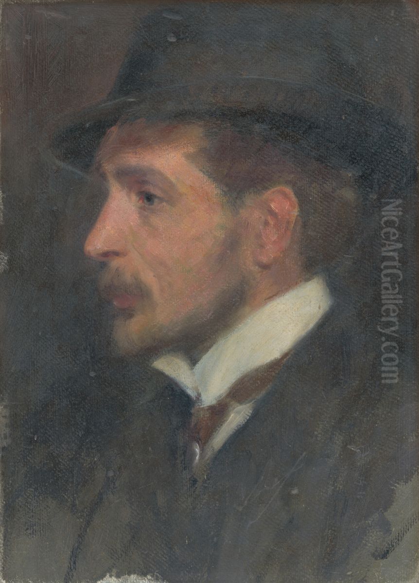 Self-Portrait ? from Profile in a Hat Oil Painting by Milan Thomka Mitrovsky
