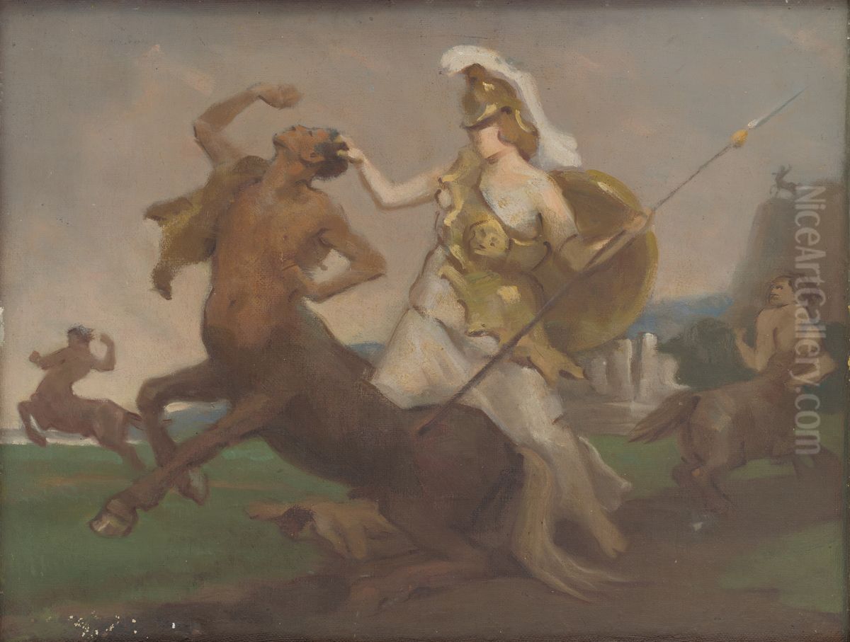 Palas Athena in Fight against Centaurs Oil Painting by Milan Thomka Mitrovsky