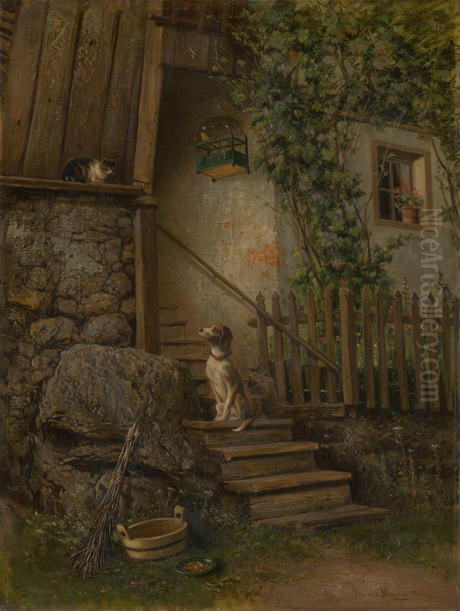 On the Porch (Dog and Cat) Oil Painting by Eduard Majsch