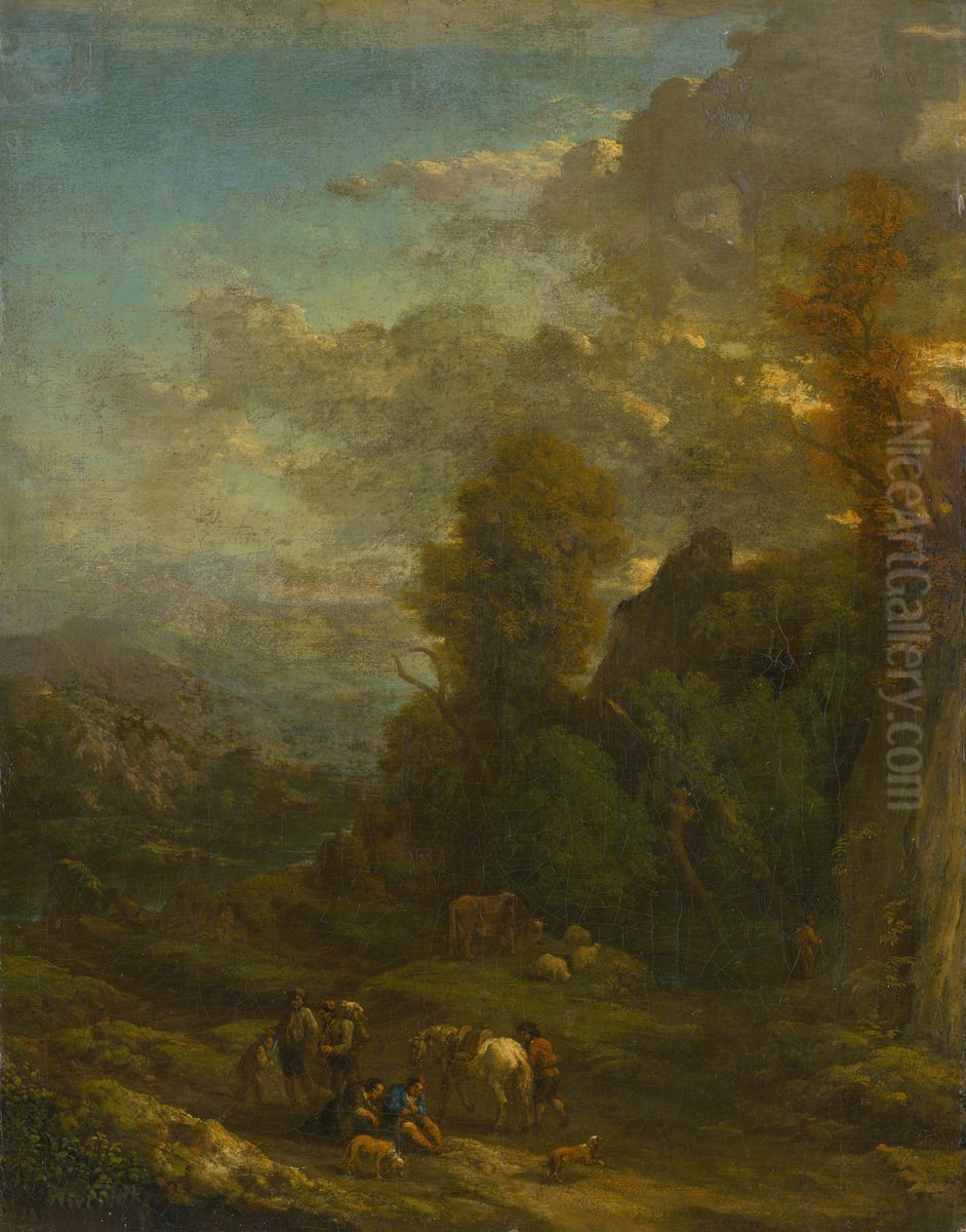 Podvecerna krajina so skupinou pocestnych Oil Painting by Cornelis Huysmans