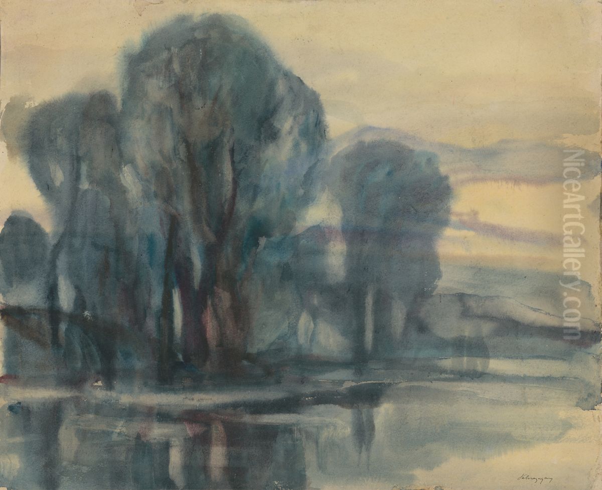 Stromy na rieke Oil Painting by Zoltan Palugyay