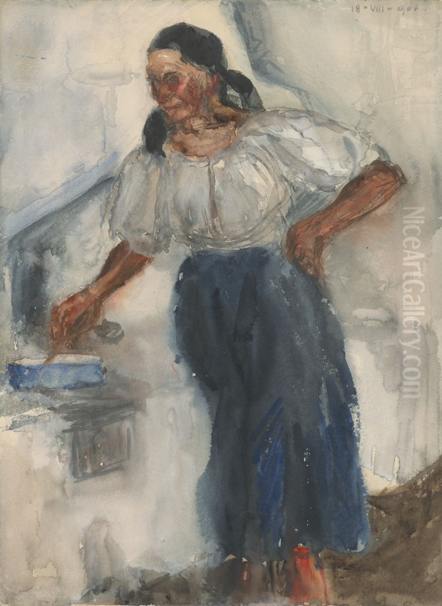 Woman at the Stove Oil Painting by Milos Jiranek