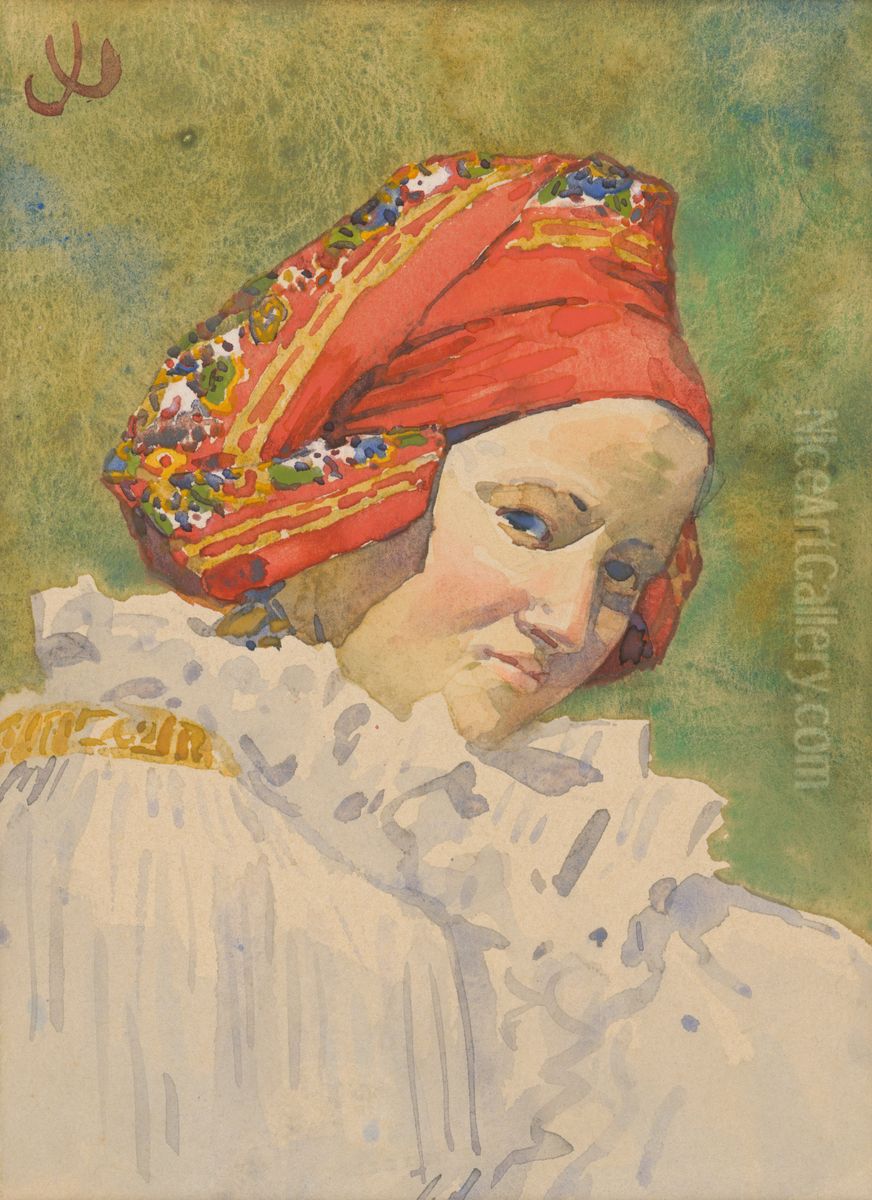 Hlava Moravanky Oil Painting by Joza Uprka
